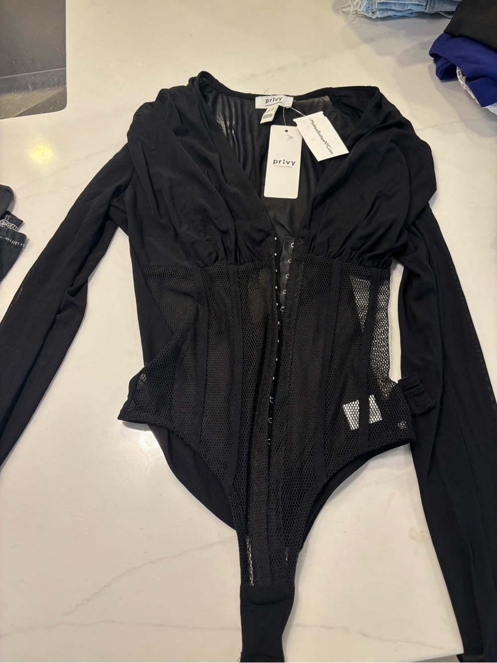 privy Black Long-Sleeve Mesh Corset Bodysuit with Hook Closure